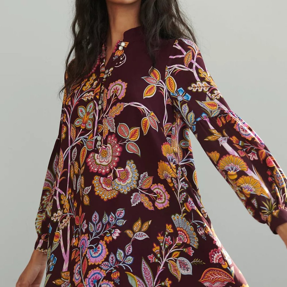 Anthropologie Lori Tunic Dress Mini Floral Long Sleeved